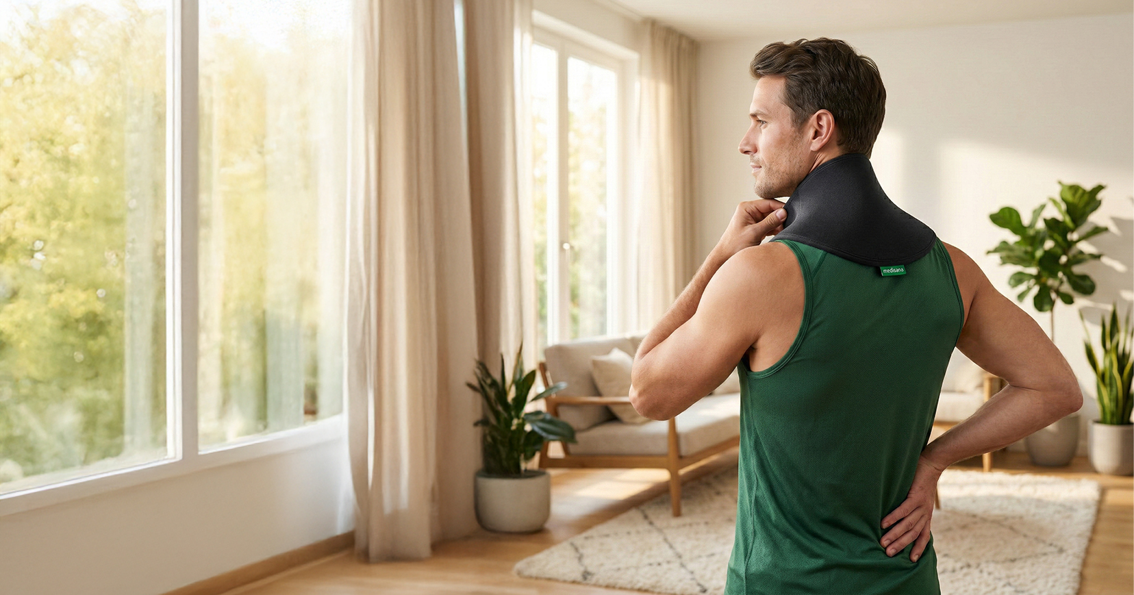 A person at home wearing a medisana neck gel pack