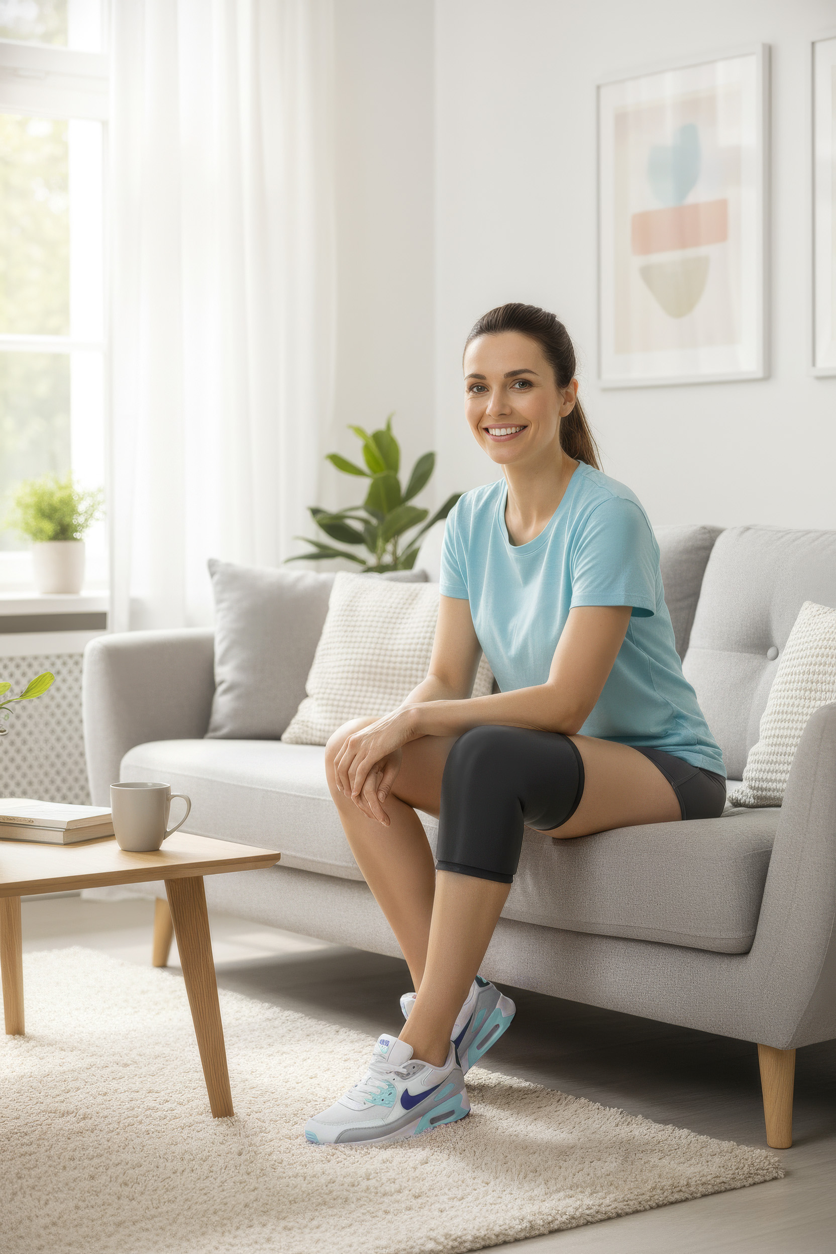 A woman sitting at home wearing a medisana leg gel pack