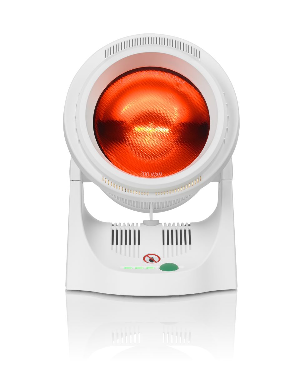 Close-up view of the medisana infrared lamp with visible infrared light