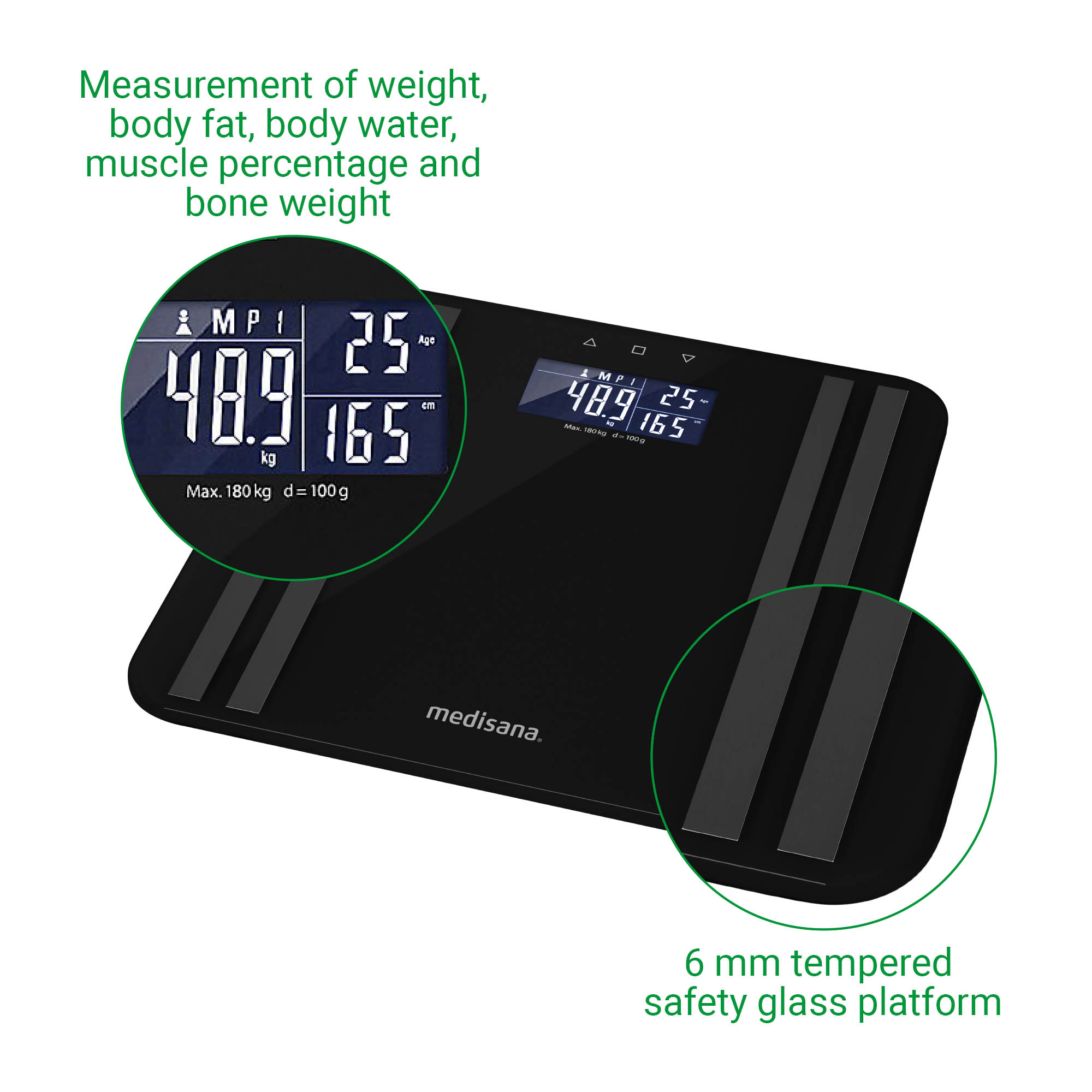 medisana BS 465 báscula de baño con análisis corporal y medición de grasa, agua, masa muscular y el peso oseo